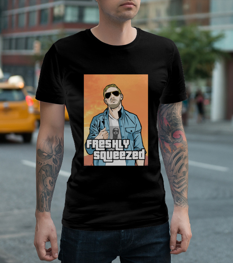 Freshly Squeezed Auto Poster Orange Sky Blue Jacket Sunglasses T-Shirt