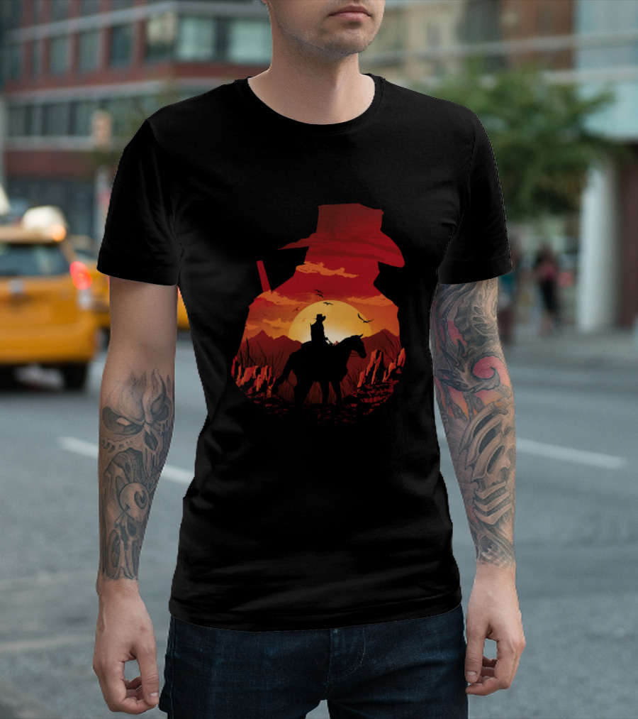 Red Sunset Cowboy in Silhouette Western Landscape T-Shirt