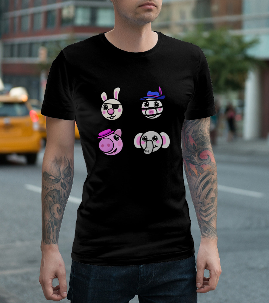 Piggy Friends Cute Game Characters Rabbit Piggy Elephant Faces T-Shirt