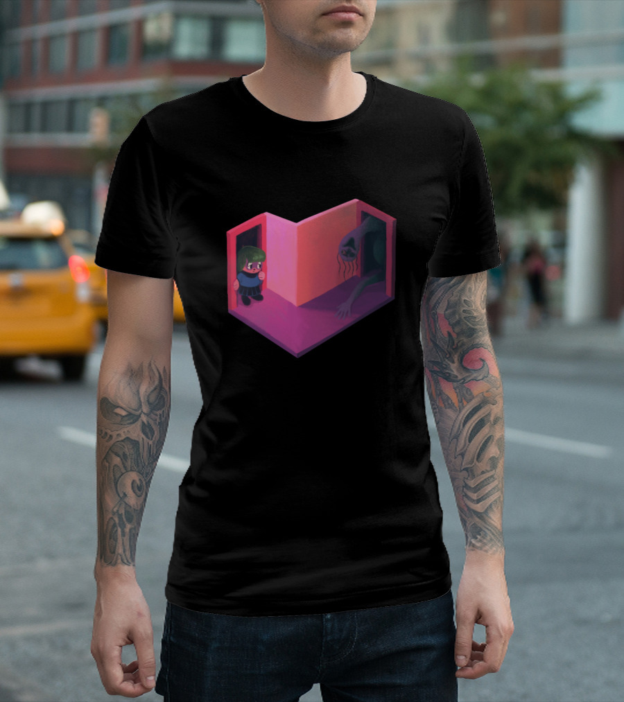 Pink Hallway Creature and Green-Haired Girl in Dimly Lit Heart-Shaped Space T-Shirt