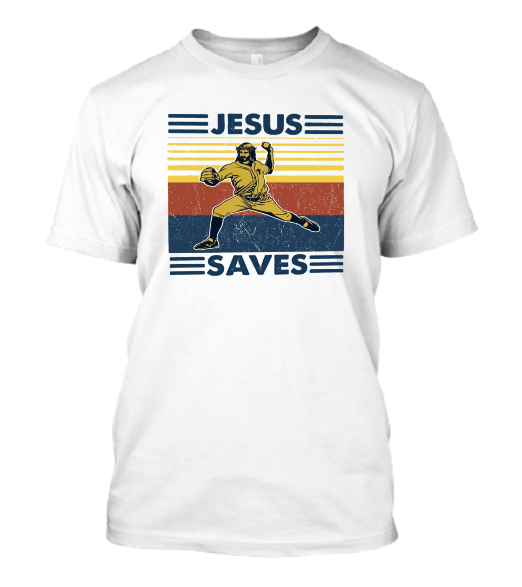 Jesus Saves Retro Baseball Pitcher Icon Stripes T-Shirt
