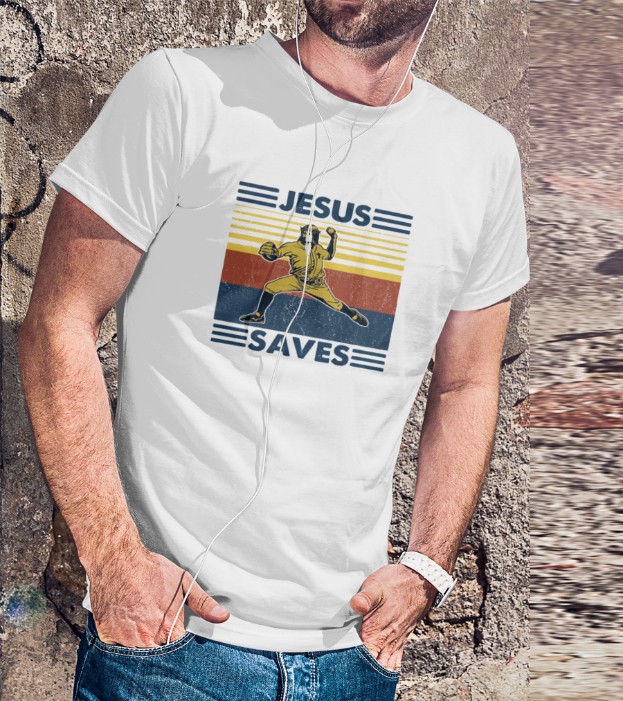 Jesus Saves Retro Baseball Pitcher Icon Stripes T-Shirt