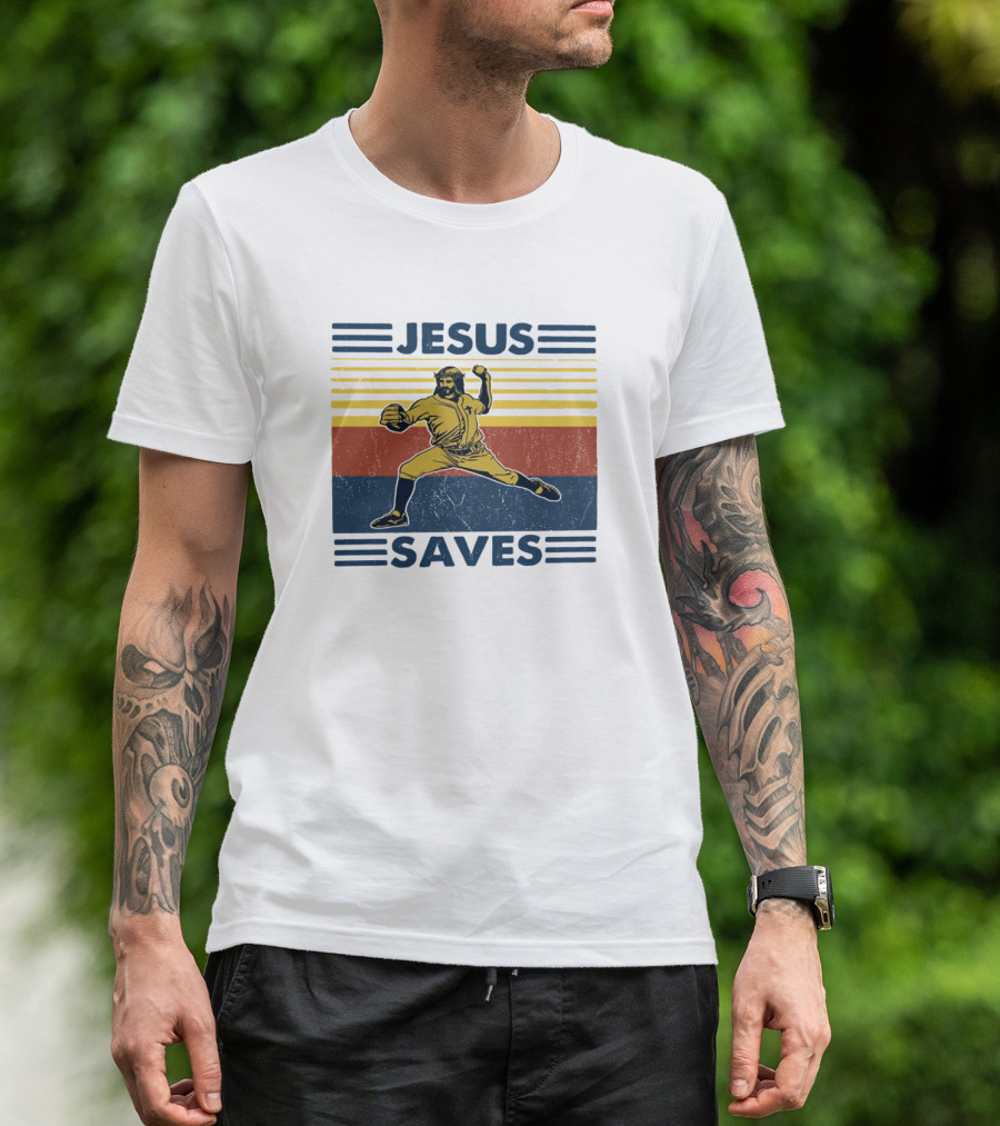 Jesus Saves Retro Baseball Pitcher Icon Stripes T-Shirt