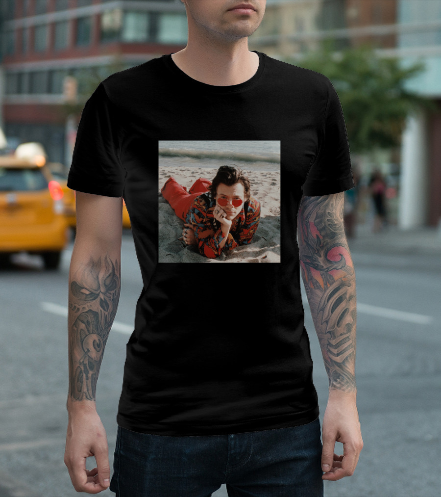 Teaste Like Strawberries Beach Photo with Red Heart Sunglasses T-Shirt