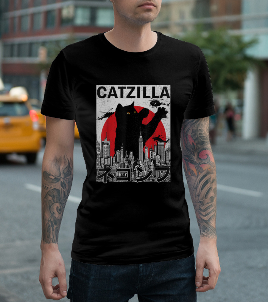 Catzilla Japanese Vintage Sunset Towering Over Cityscape T-Shirt