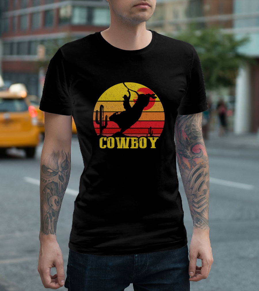 Cowboy Rodeo Bull Riding Western Sunset Cactus T-Shirt