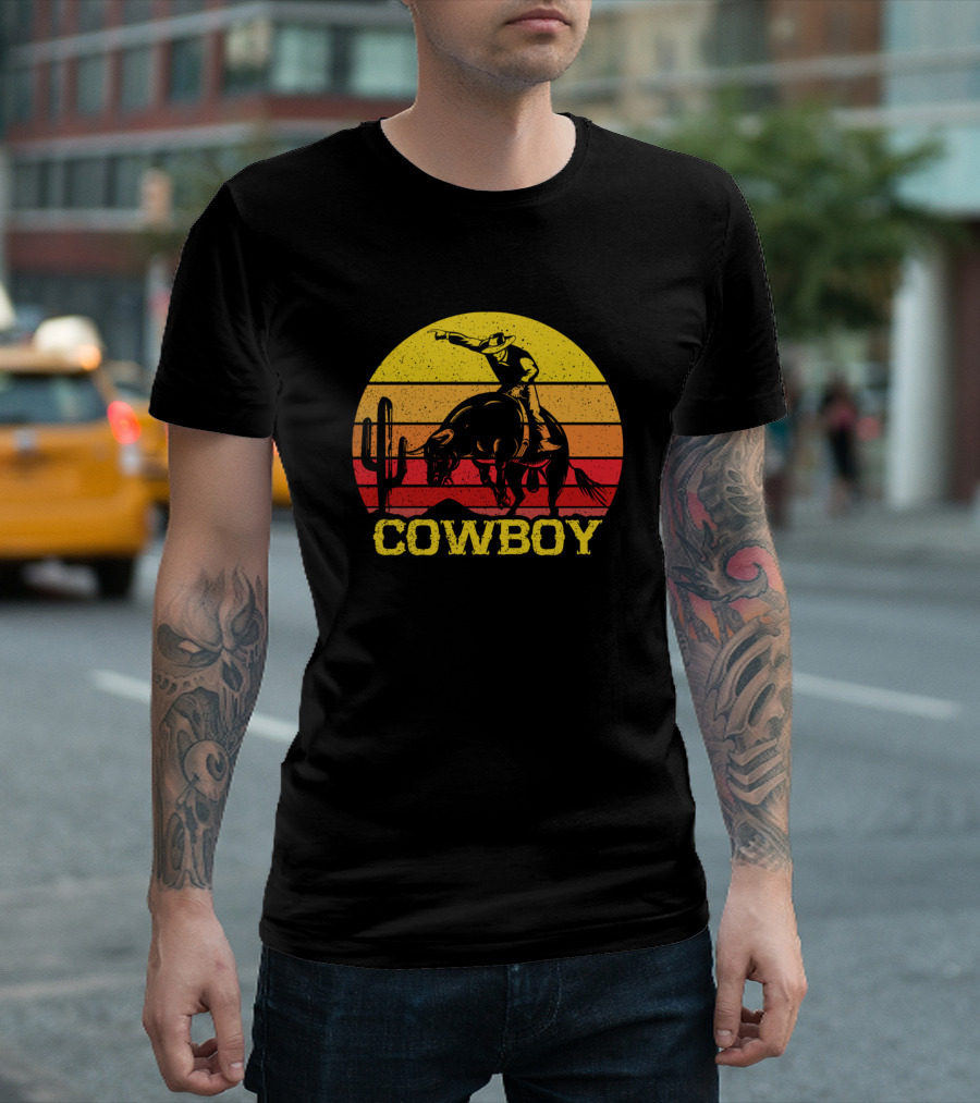 Cowboy Rodeo Bull Riding Western Desert Sunset T-Shirt