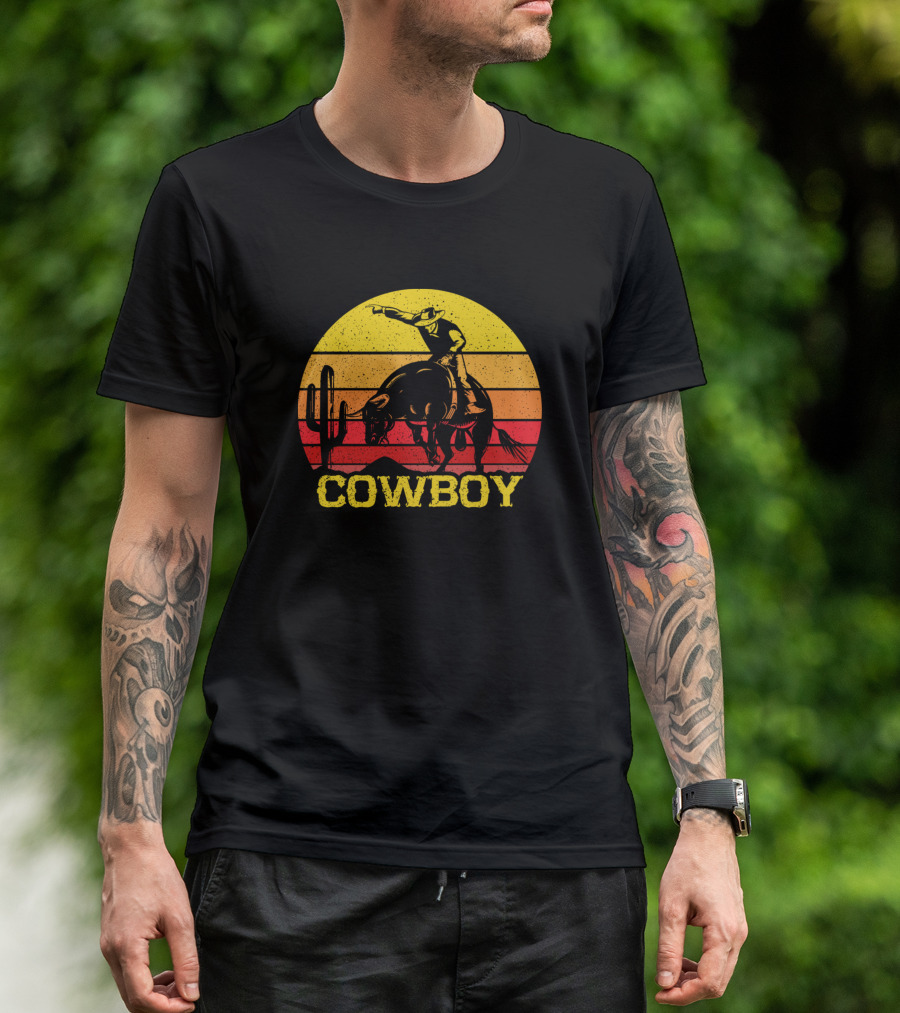 Cowboy Rodeo Bull Riding Western Desert Sunset T-Shirt