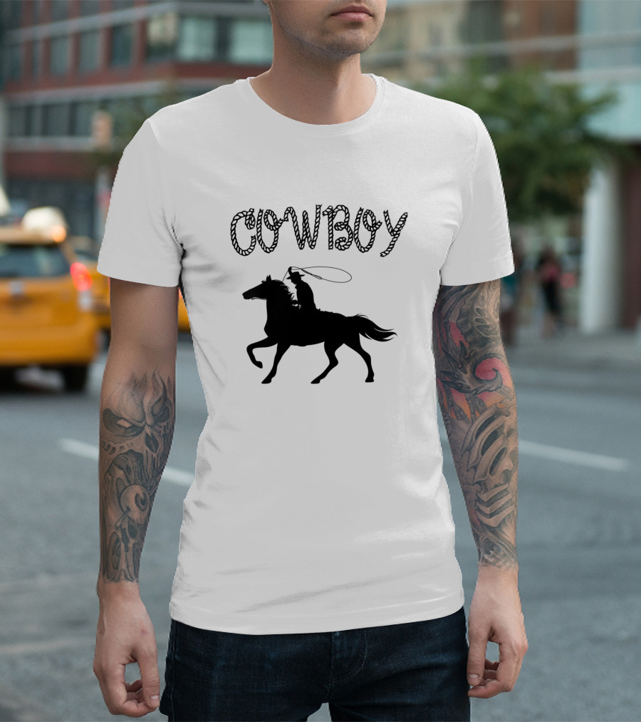 Cowboy Riding Horse Silhouette with Lasso Rope Text T-Shirt