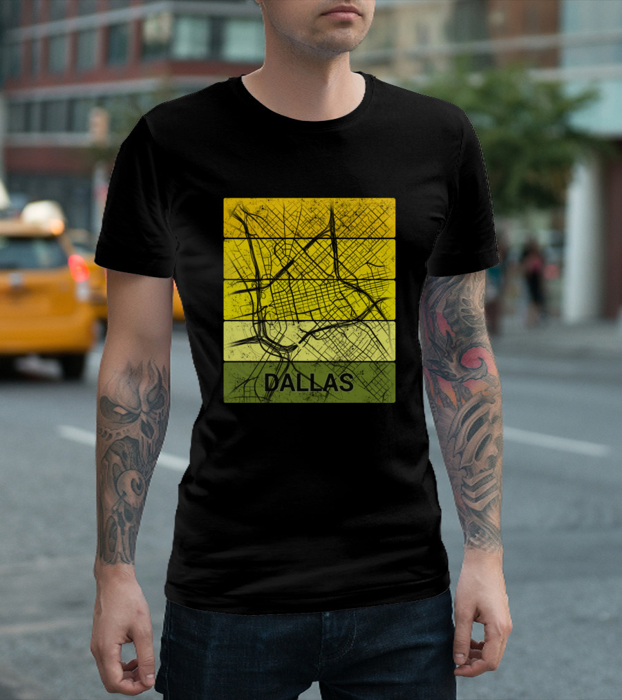 Downtown Dallas Texas City Map Yellow And Green Stripes T-Shirt