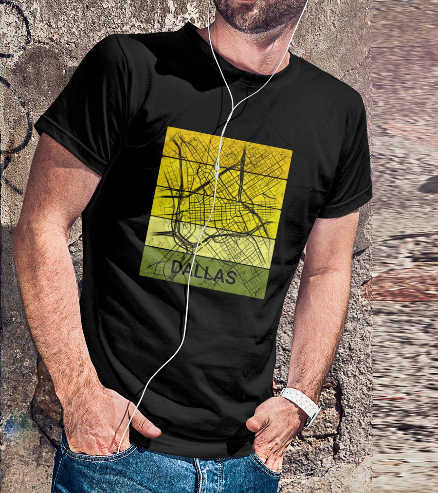 Downtown Dallas Texas City Map Yellow And Green Stripes T-Shirt