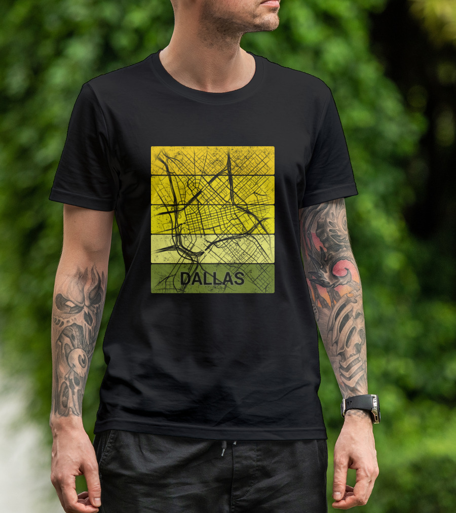 Downtown Dallas Texas City Map Yellow And Green Stripes T-Shirt