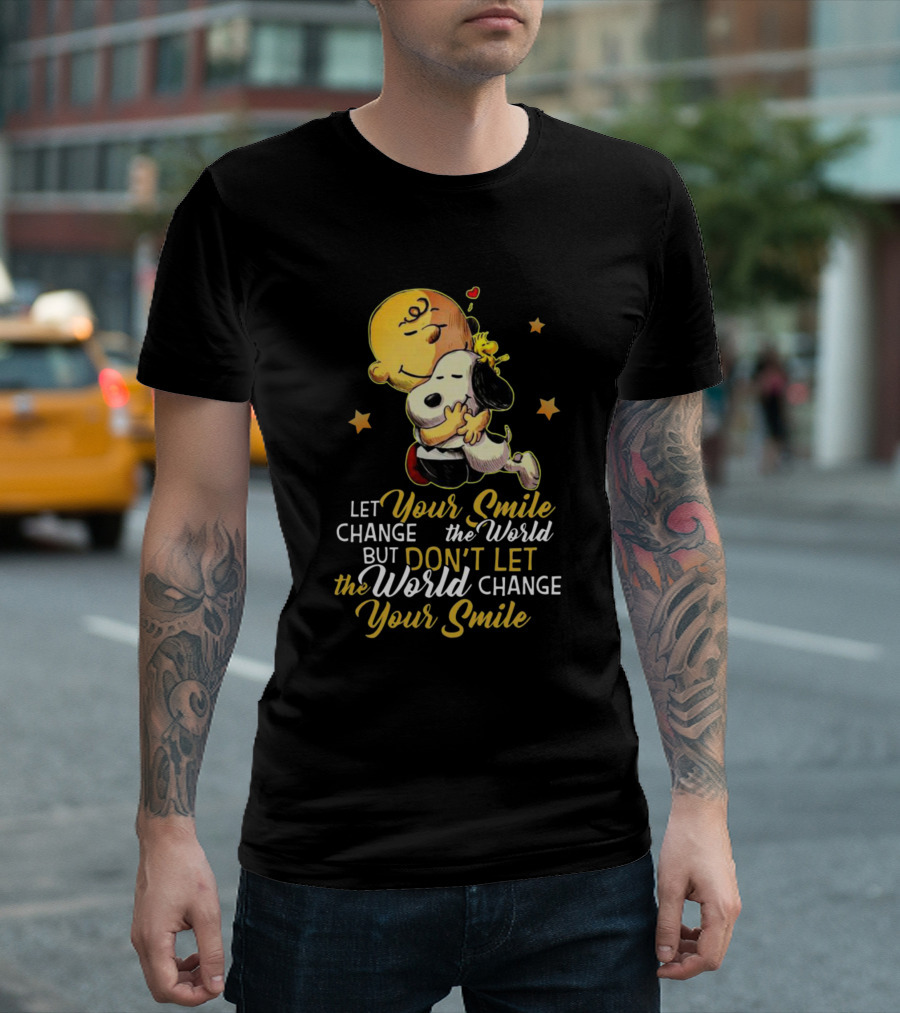 Charlie Brown Snoopy Let Your Smile Change the World Hugging Stars T-Shirt