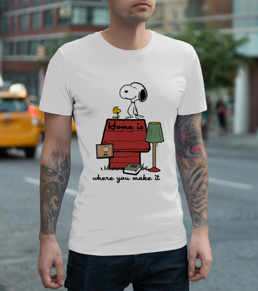 Home Is Where You Make It Snoopy Doghouse Woodstock Charlie Brown Peanuts Iconic Image T-Shirt