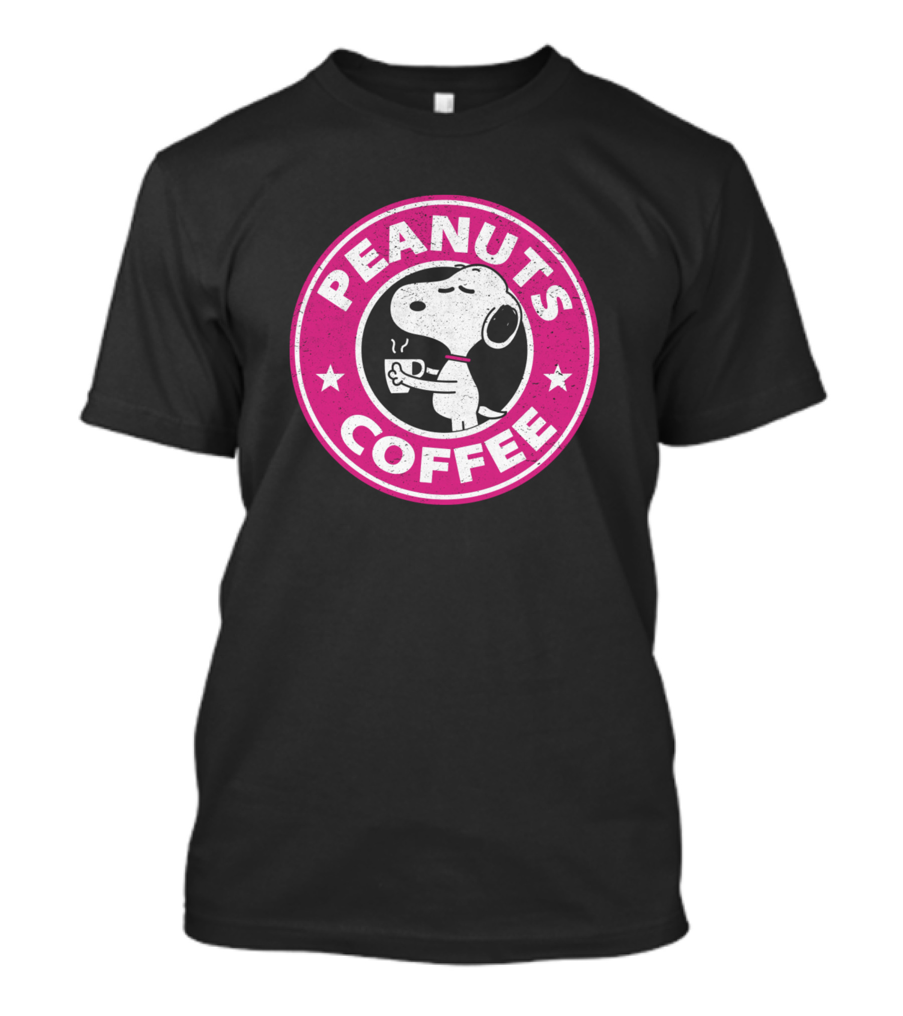 PEANUTS COFFEE Pink Snoopy Drinking Coffee Emblem T-Shirt