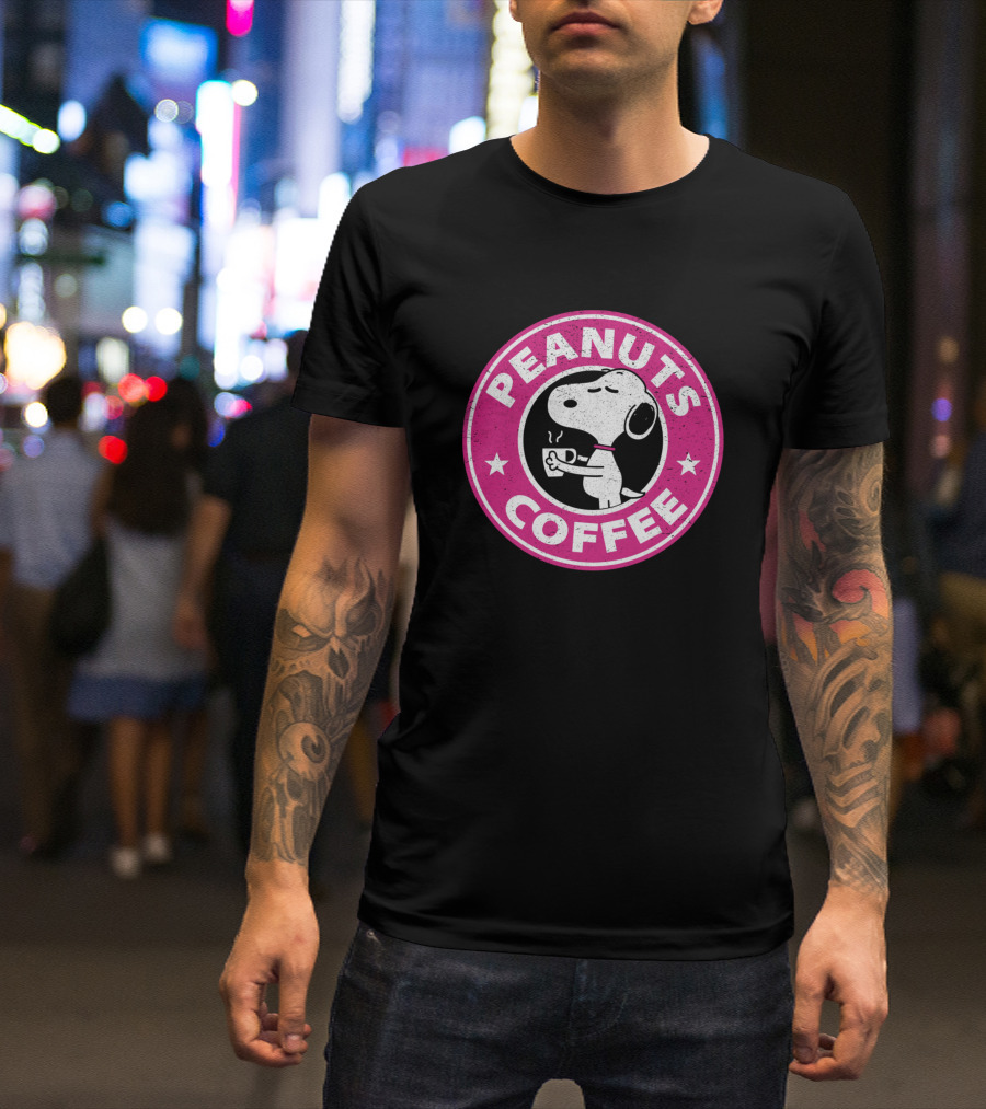 PEANUTS COFFEE Pink Snoopy Drinking Coffee Emblem T-Shirt