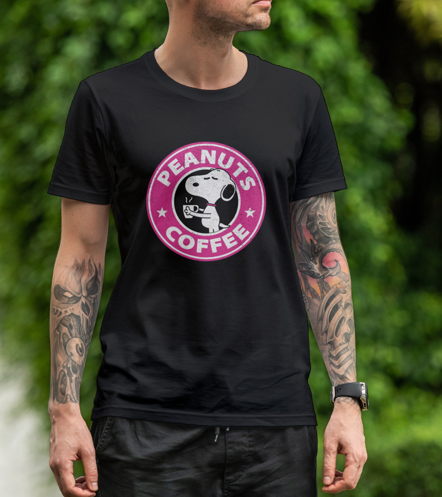 PEANUTS COFFEE Pink Snoopy Drinking Coffee Emblem T-Shirt