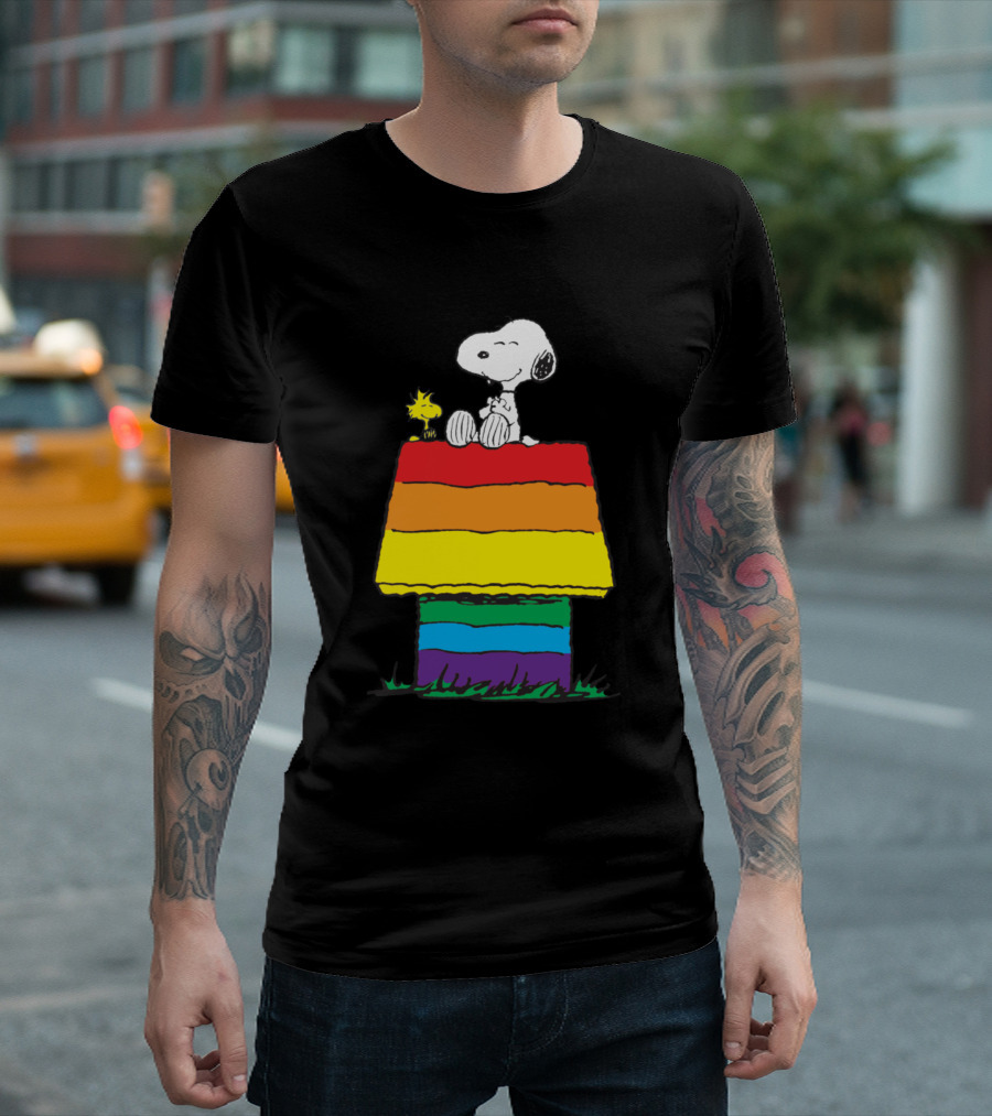 Pride Snoopy Sitting on Rainbow Doghouse with Woodstock T-Shirt