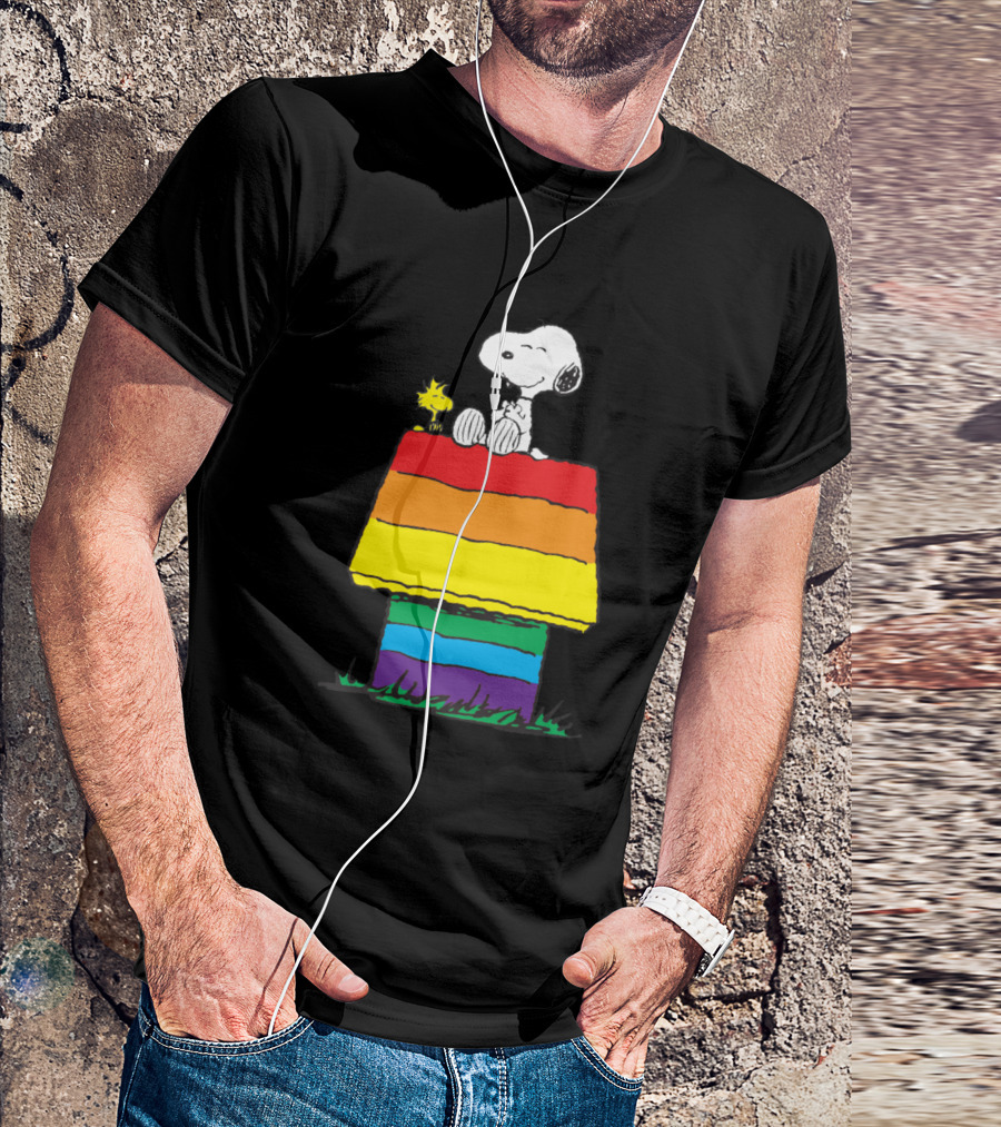 Pride Snoopy Sitting On Rainbow Doghouse With Woodstock T-Shirt