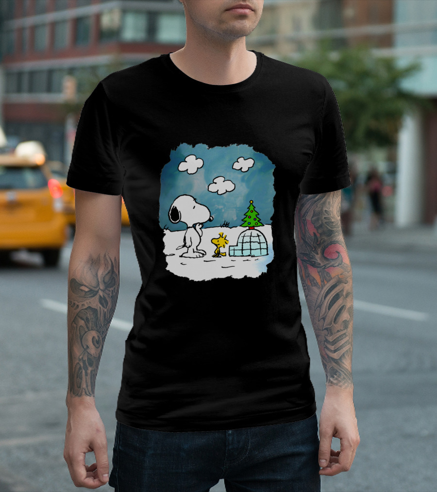 Snoopy And Woodstock With Igloo And Christmas Tree In Snow Scene T-Shirt