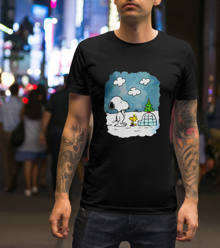 Snoopy And Woodstock With Igloo And Christmas Tree In Snow Scene T-Shirt