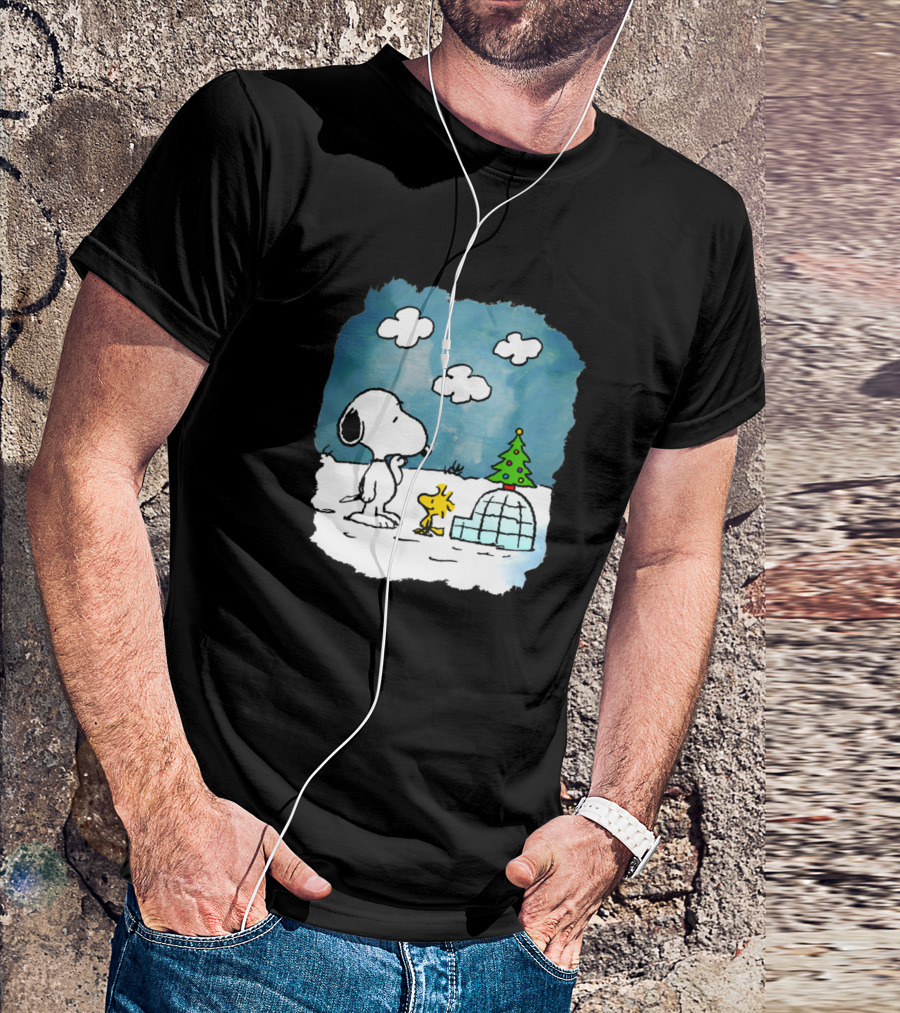 Snoopy And Woodstock With Igloo And Christmas Tree In Snow Scene T-Shirt