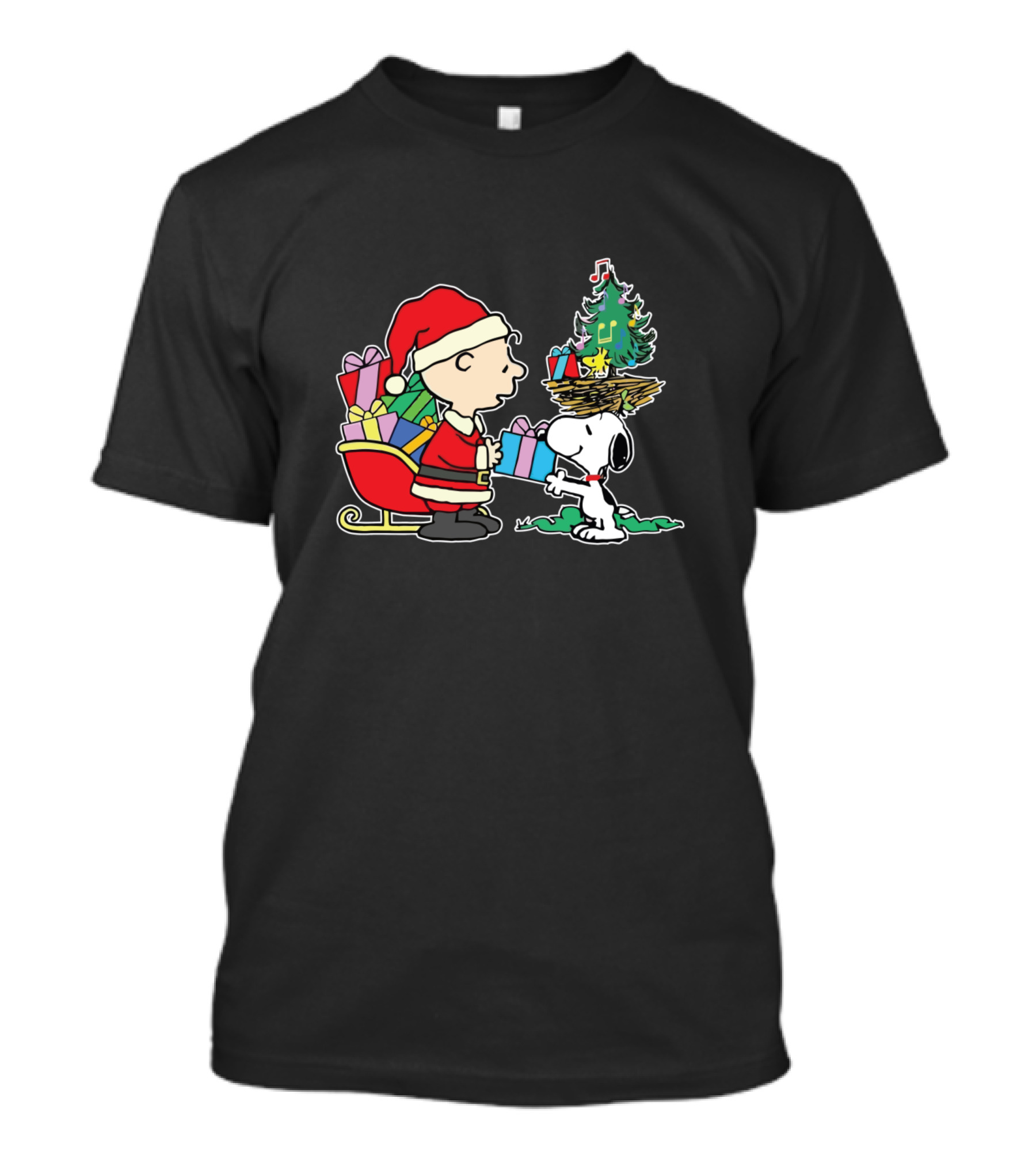 Christmas Snoopy And Charlie Brown With Santa Hat, Gifts, And Festive Tree T-Shirt