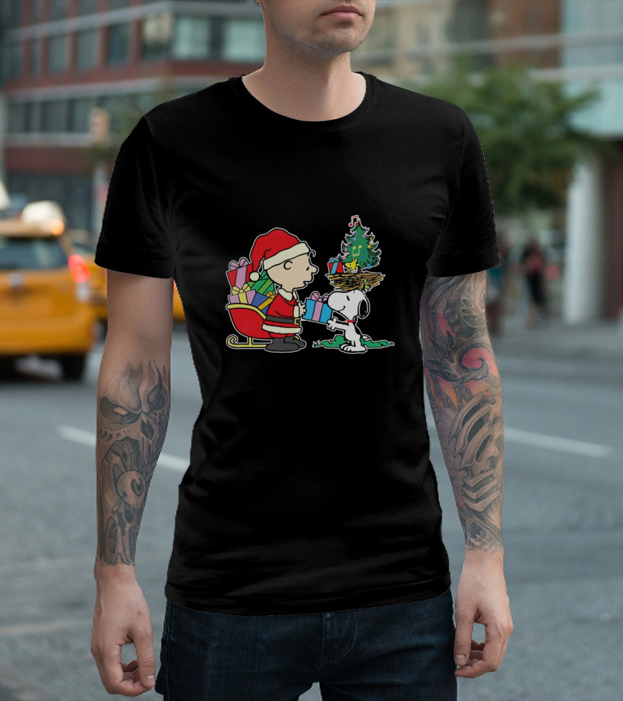 Christmas Snoopy And Charlie Brown With Santa Hat, Gifts, And Festive Tree T-Shirt