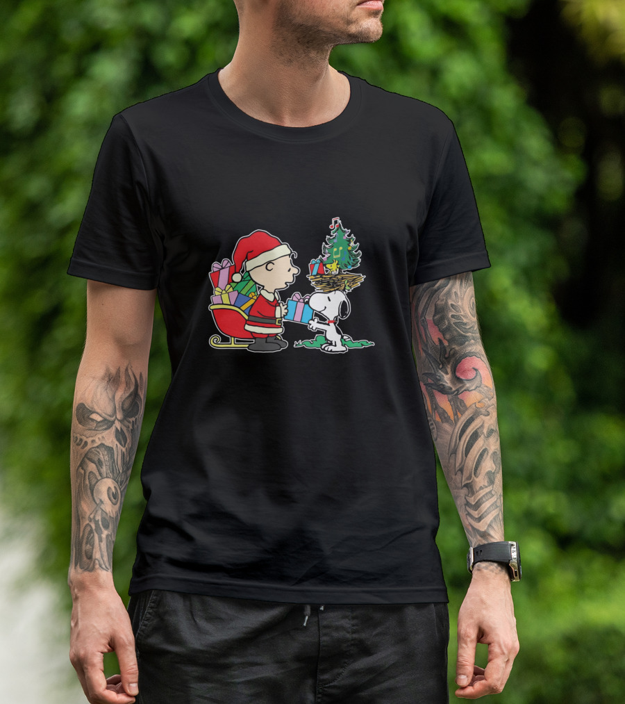 Christmas Snoopy And Charlie Brown With Santa Hat, Gifts, And Festive Tree T-Shirt