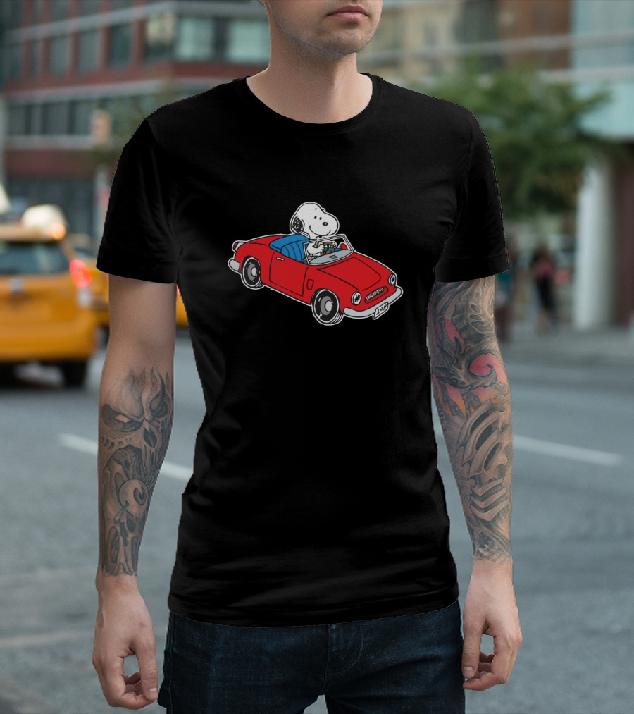 Snoopy Driving Red Car Peanuts Comic Strip T-Shirt