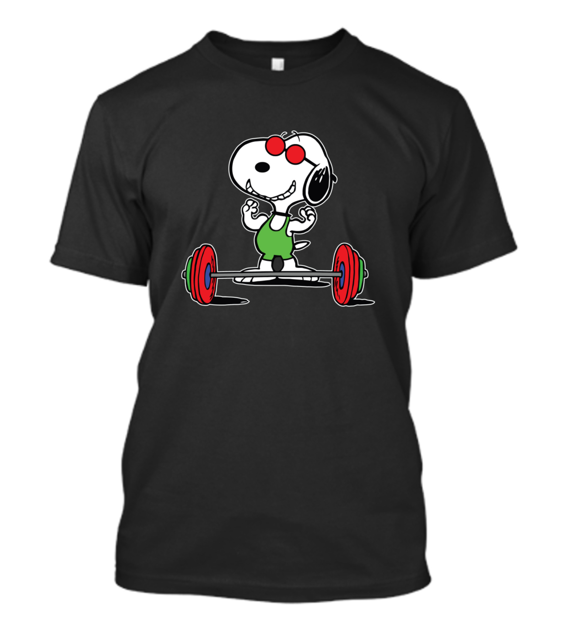 Snoopy Gym Weightlifting Barbell Red Sunglasses Green T-Shirt