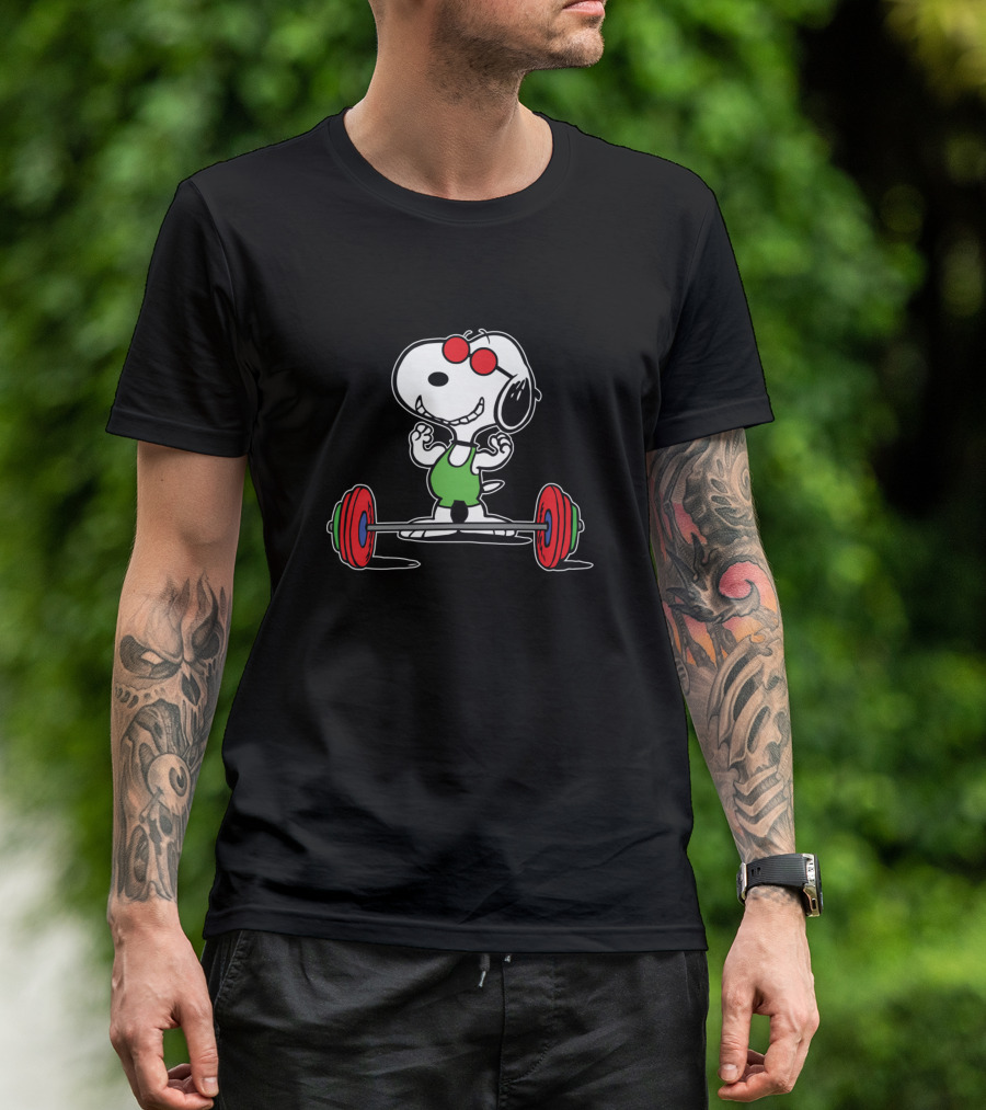 Snoopy Gym Weightlifting Barbell Red Sunglasses Green T-Shirt