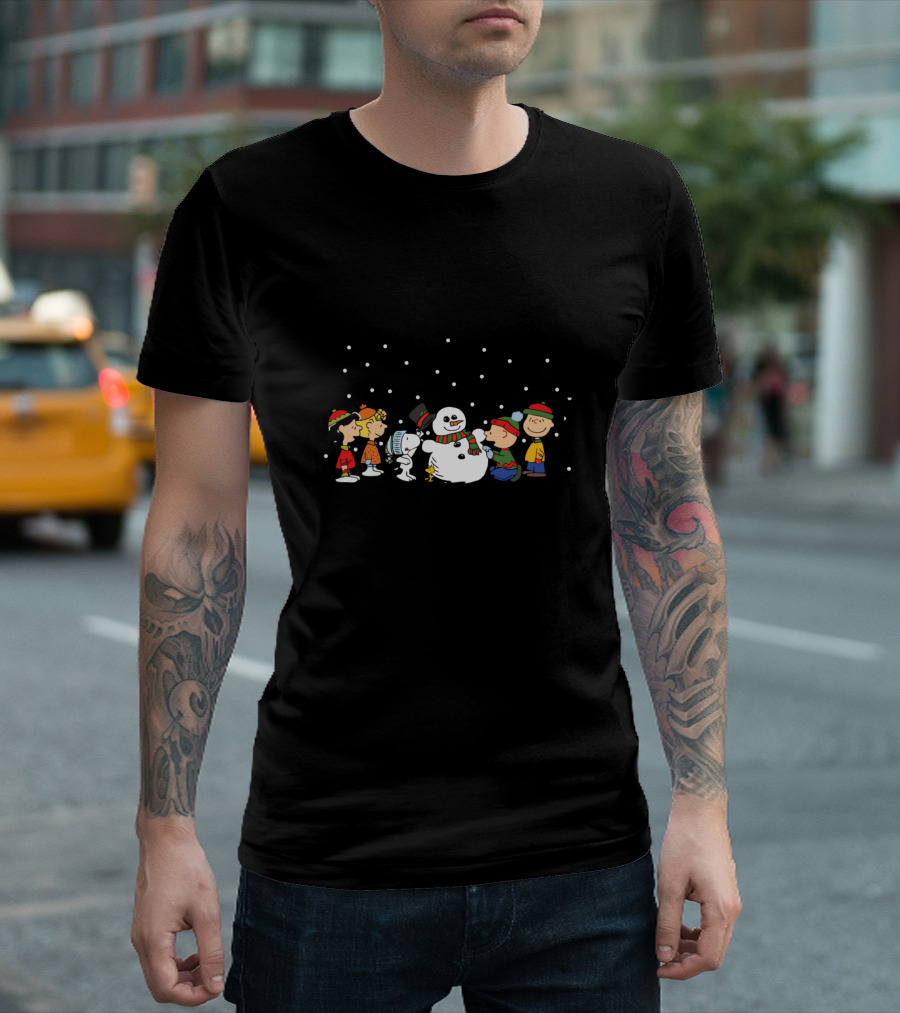 Snoopy And Friends Building Snowman In Winter Scene T-Shirt