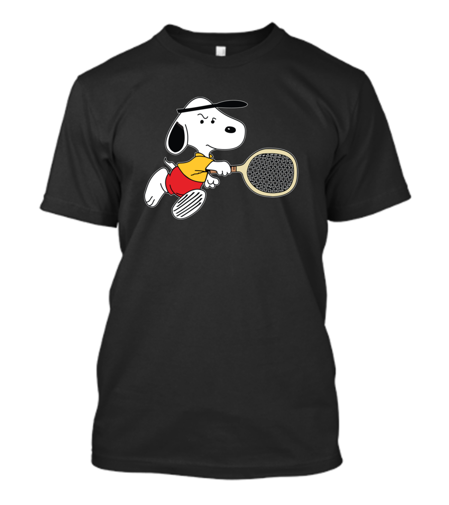 Snoopy Playing Tennis With Racket In Red Shorts And Yellow T-Shirt