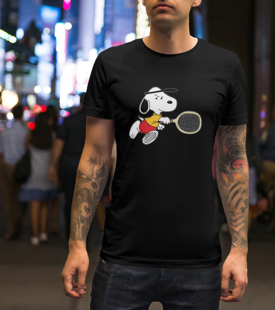 Snoopy Playing Tennis With Racket In Red Shorts And Yellow T-Shirt