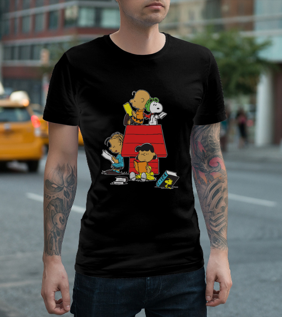 Snoopy and Peanuts Characters Reading on Doghouse T-Shirt