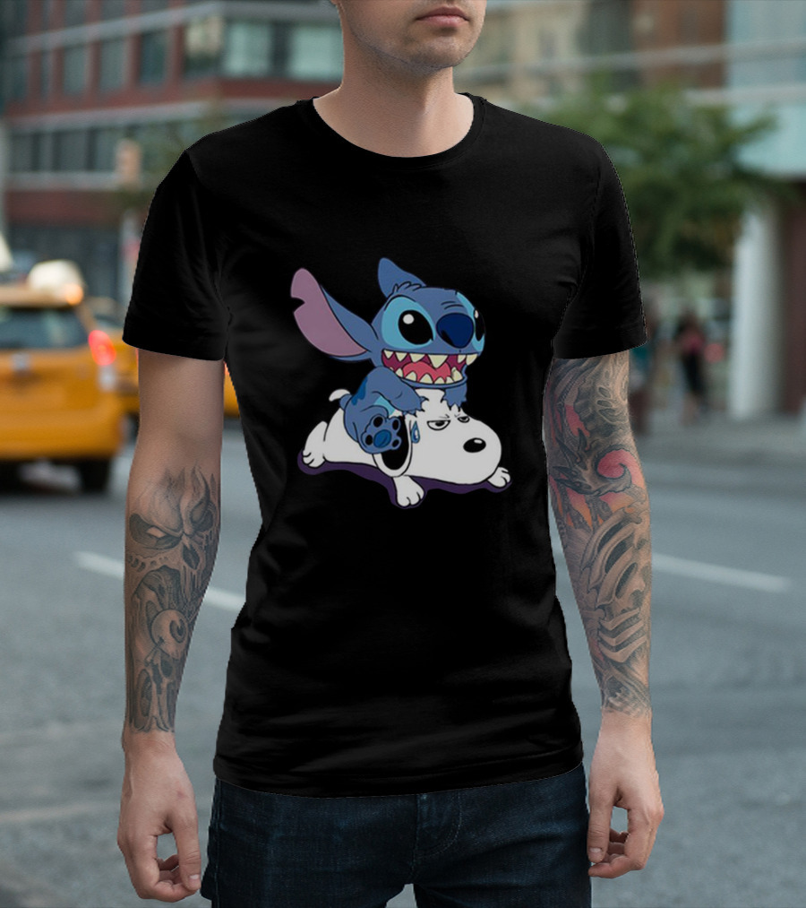 Stitch Riding Snoopy Characters Crossover T-Shirt