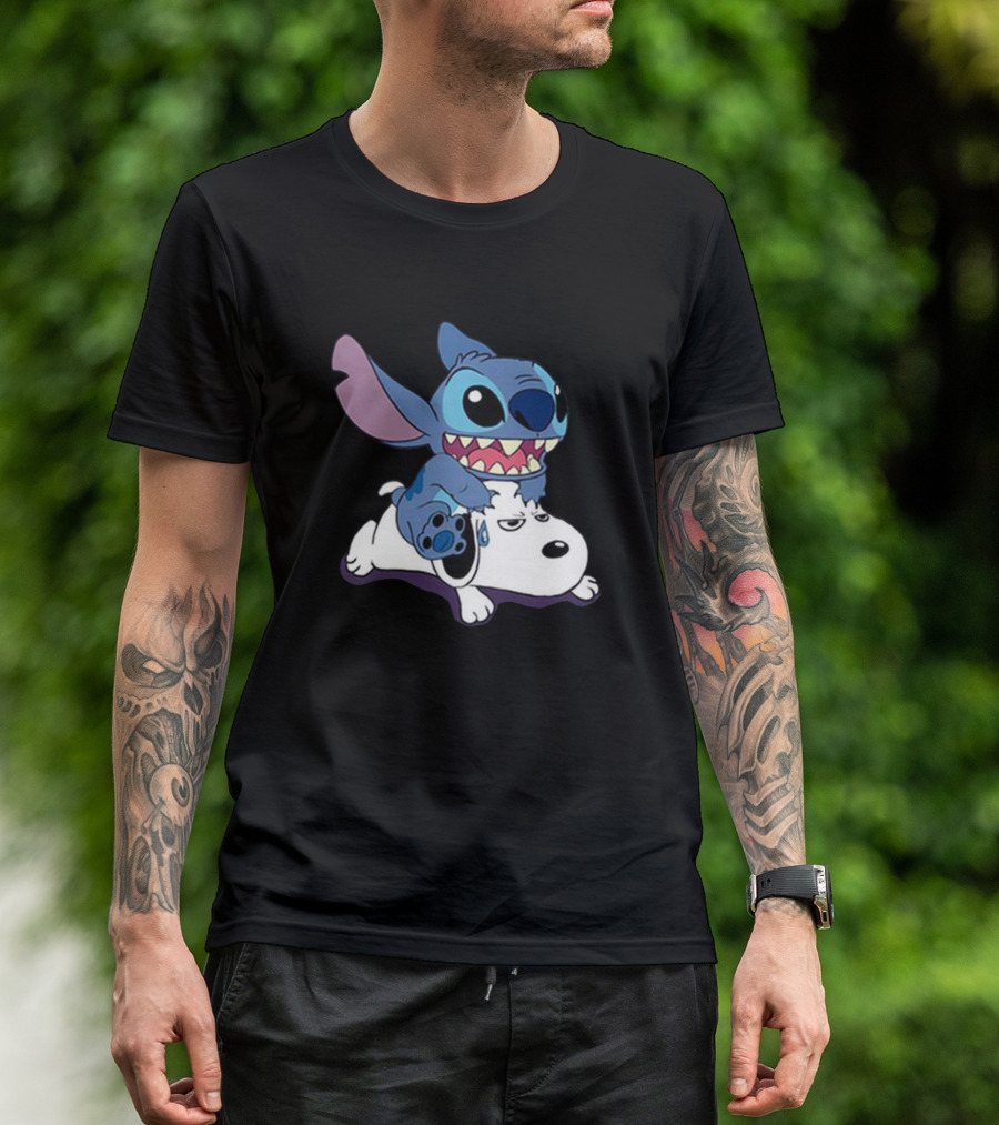Stitch Riding Snoopy Characters Crossover T-Shirt