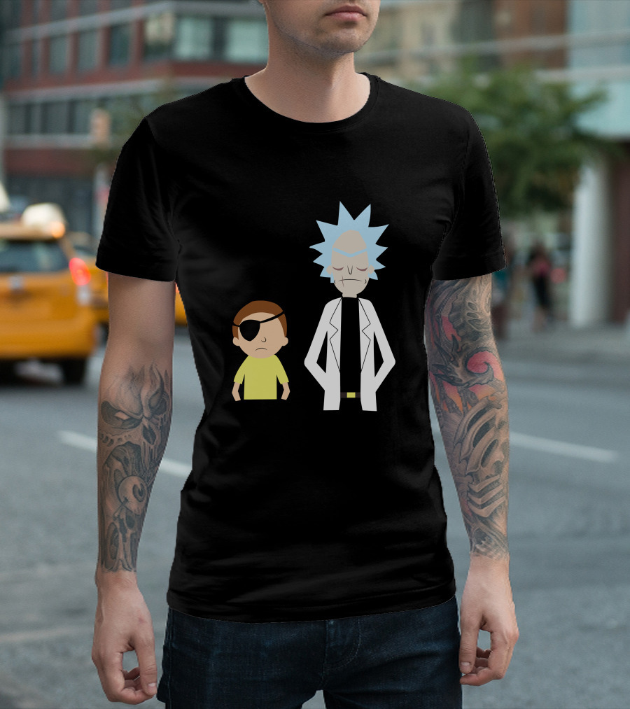 Evil Rick and Morty Characters from Rick and Morty with Eye Patch Morty and Lab Coat Rick T-Shirt