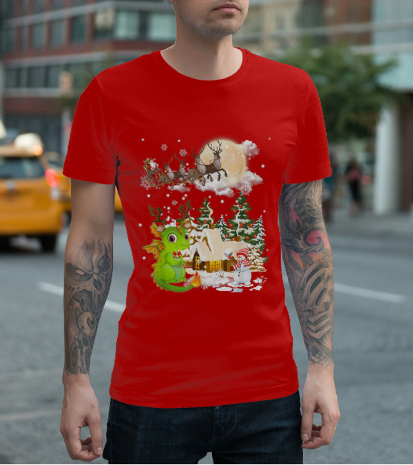 Santa's Sleigh Ride Over Snowy Village With Festive Dragon T-Shirt