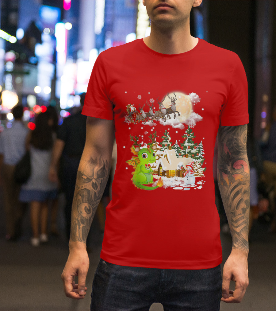 Santa's Sleigh Ride Over Snowy Village With Festive Dragon T-Shirt