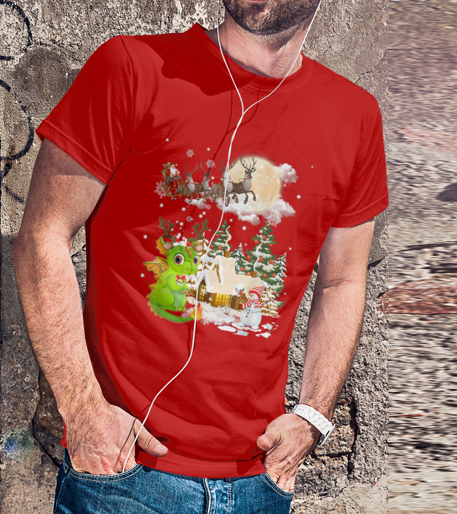 Santa's Sleigh Ride Over Snowy Village With Festive Dragon T-Shirt