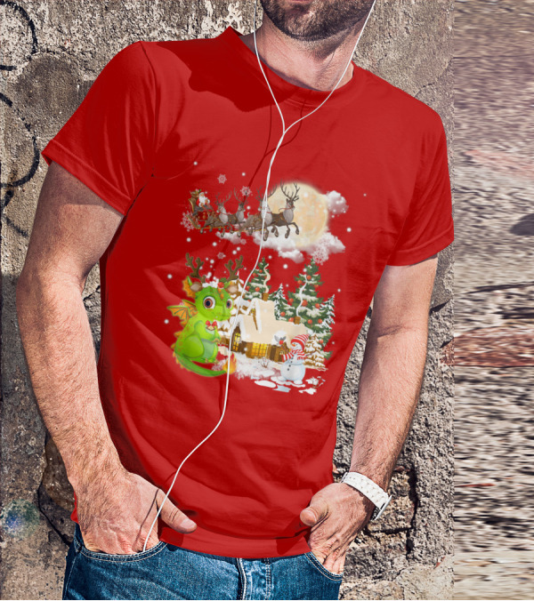 Santa's Sleigh Ride Over Snowy Village With Festive Dragon T-Shirt