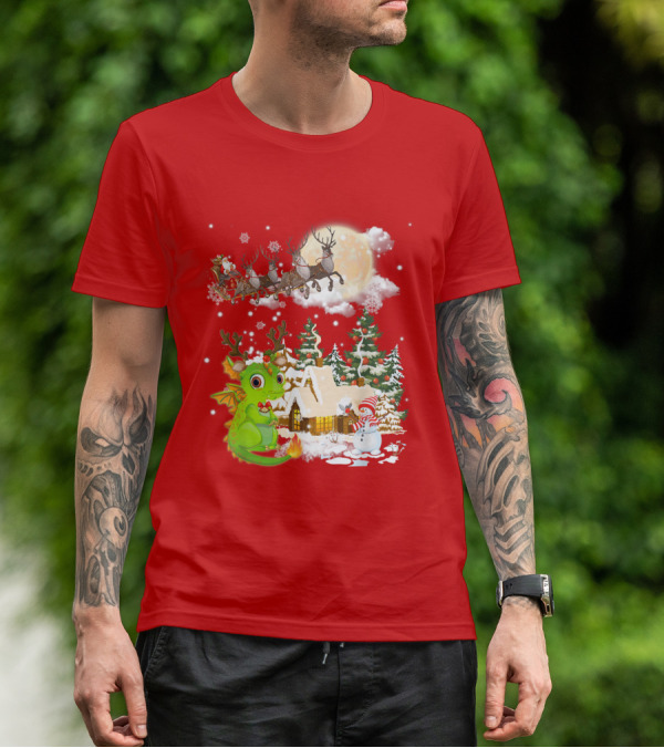 Santa's Sleigh Ride Over Snowy Village With Festive Dragon T-Shirt