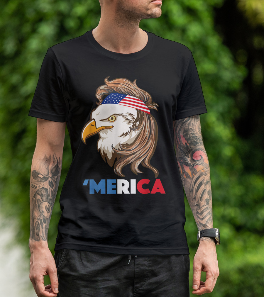 'Merca Bald Eagle Mullet American Flag Headband T-Shirt
