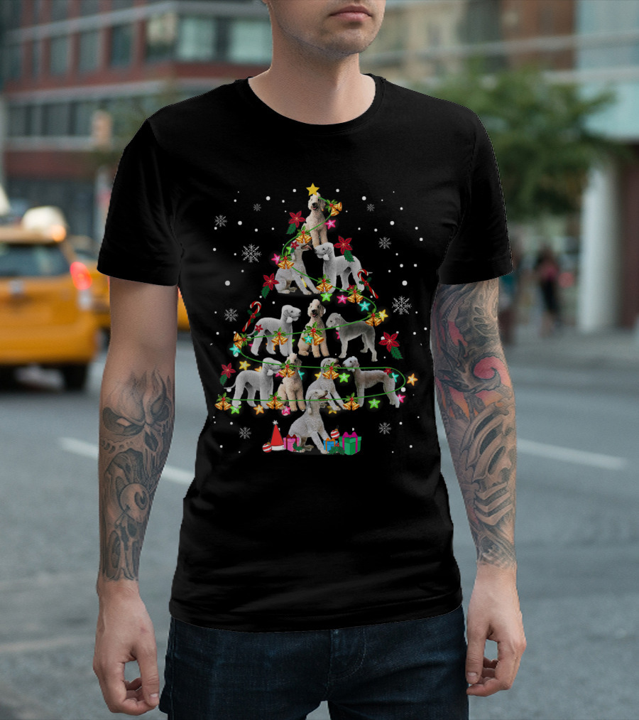 Bedlington Terrier Christmas Tree with Snowflakes and Gifts T-Shirt