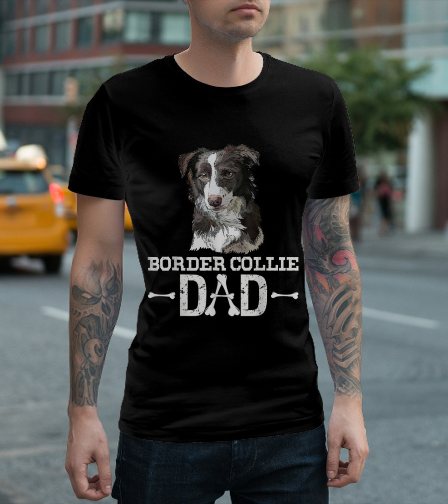 Border Collie Dad with Detailed Dog Illustration and Bone Accents T-Shirt