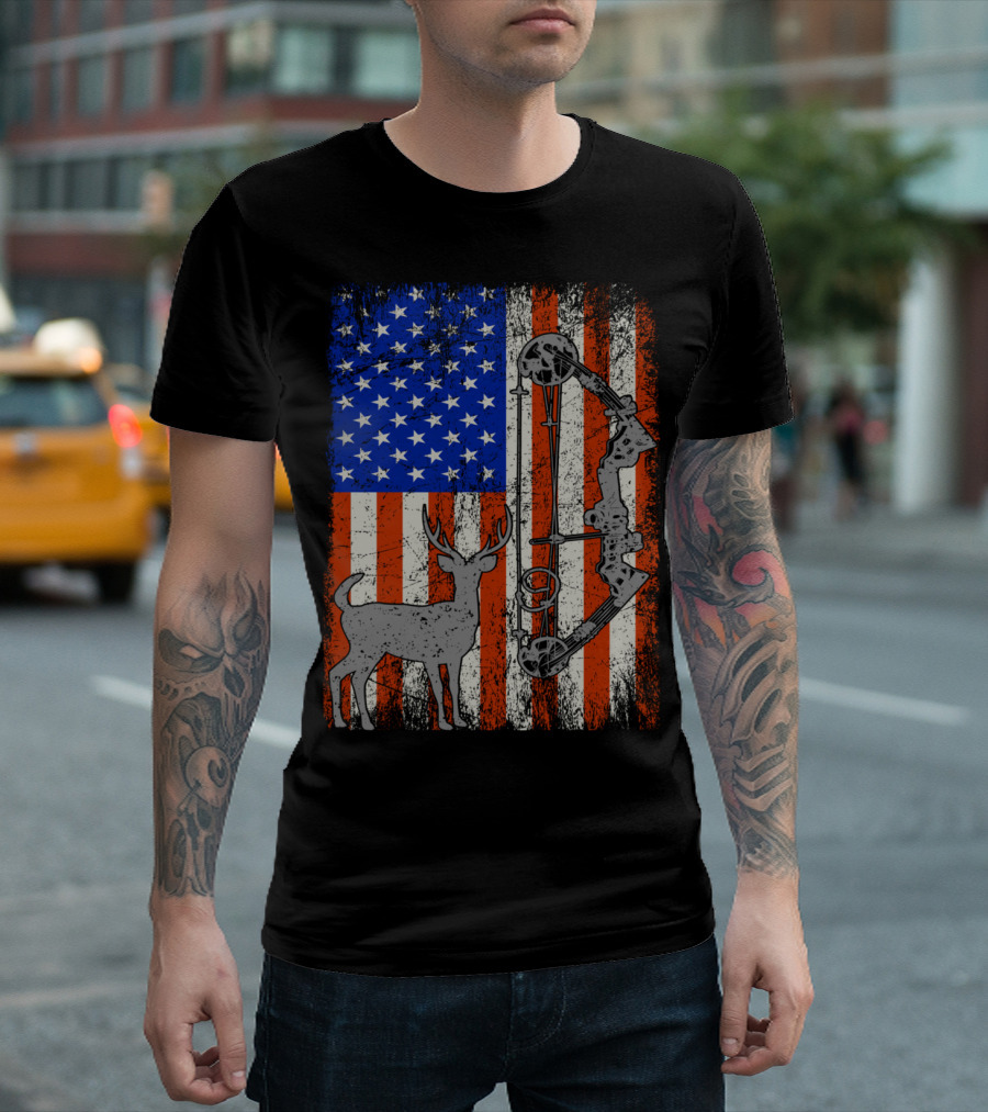 American Flag Deer Bow Hunter Hunting T-Shirt