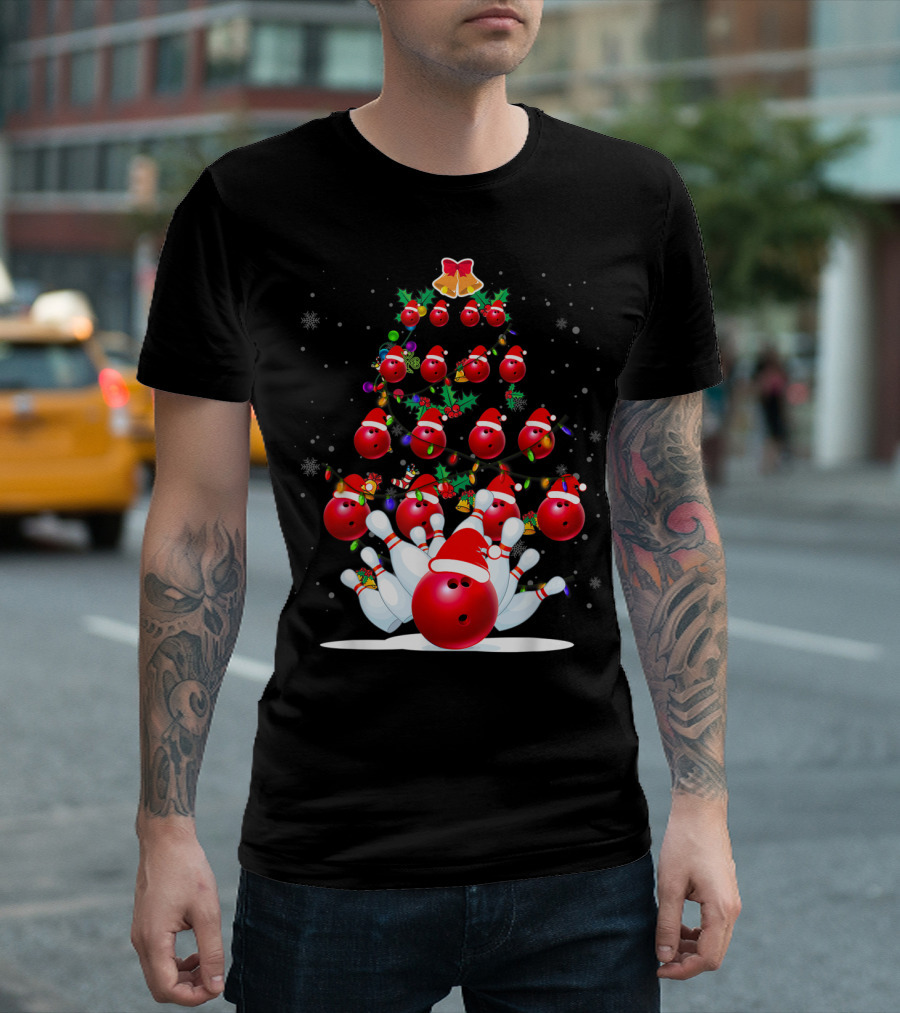 Bowling Ball Christmas Tree with Santa Hats and Snowflakes T-Shirt