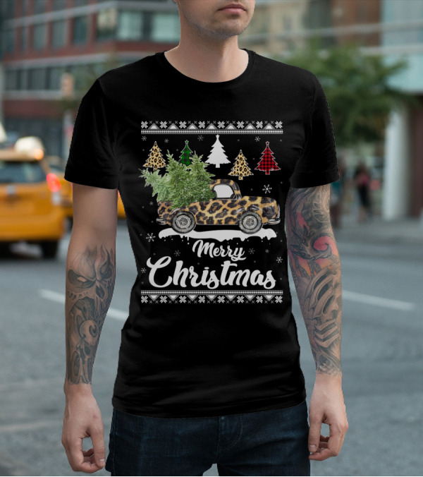 Merry Christmas Leopard Truck Plaid Trees Snowflakes T-Shirt